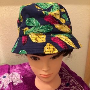 Bucket Floppy Hat Blue w Red Yellow Green Leaves